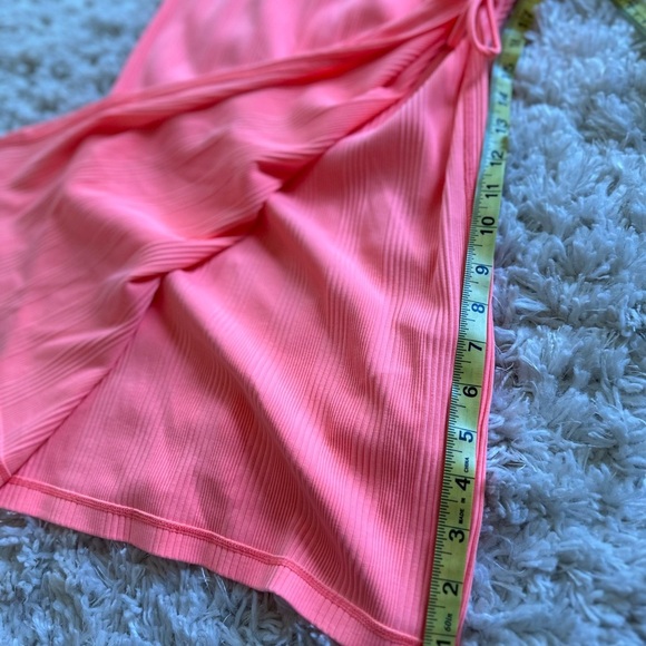 Aerie Neon Coral Pink Ruched Rib Midi Dress Adjustable Slit Scrunch - Picture 4 of 12